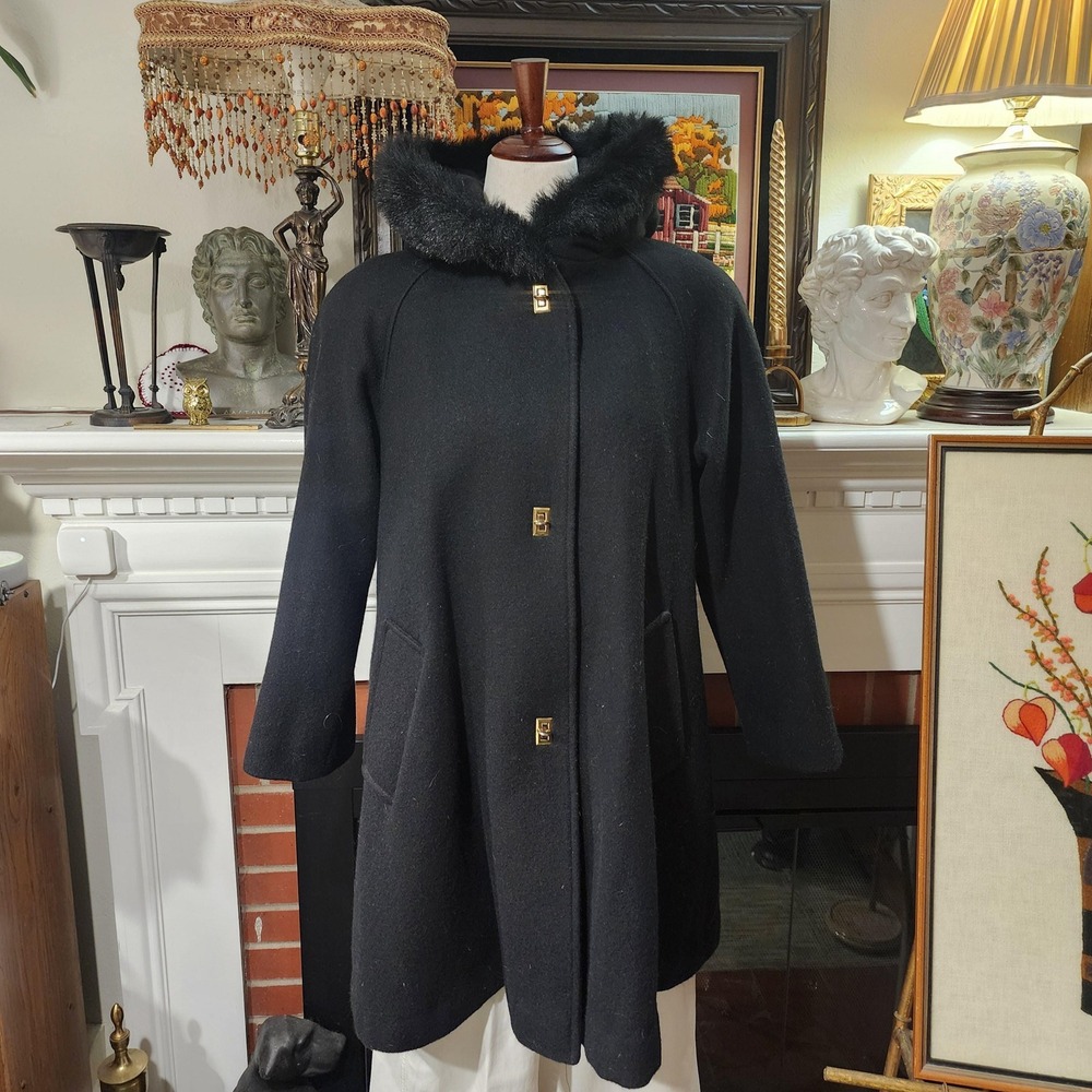 Braefair Vintage Black Wool Blend Hooded Coat Faux Fur Trim Women Small USA Made